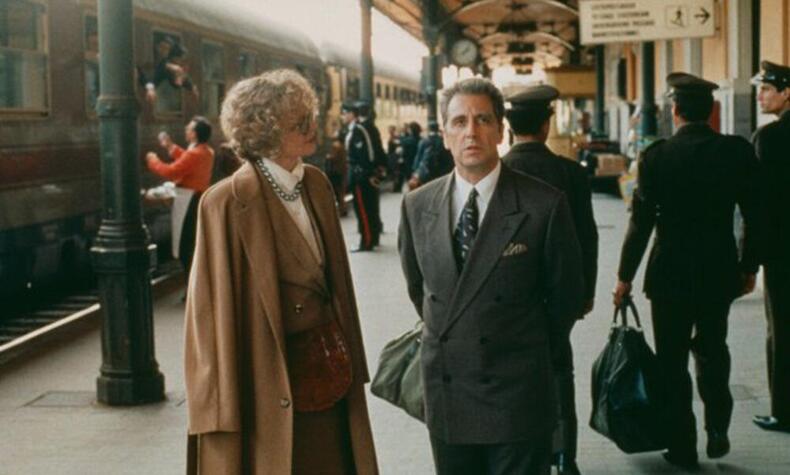 Al Pacino and Diane Keaton in a scene of the film shot at the Taormina train station. taormina sicily station