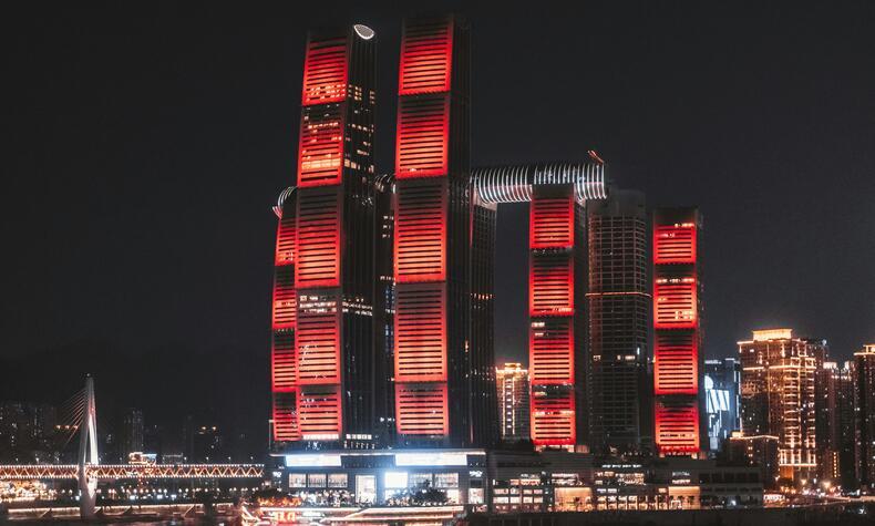 The different LED colors change the appearance of the complex. Photo: Albert Canite. Photo: Albert Canite. Chongqing. China.