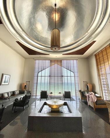 Interior of the luxurious Chedi Hotel in Muscat, facing the sea. remote luxury travel oman hotel chedi mascate