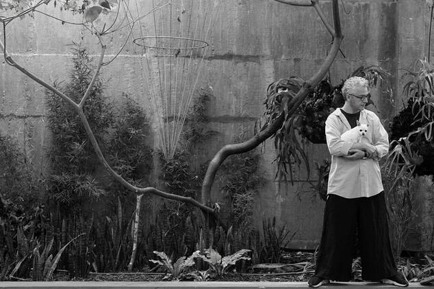 Jorge Lizarazo and Diego in the garden of their hechizoo workshop in Bogotá. jorge lizarazo designer luxury textile Colombia
