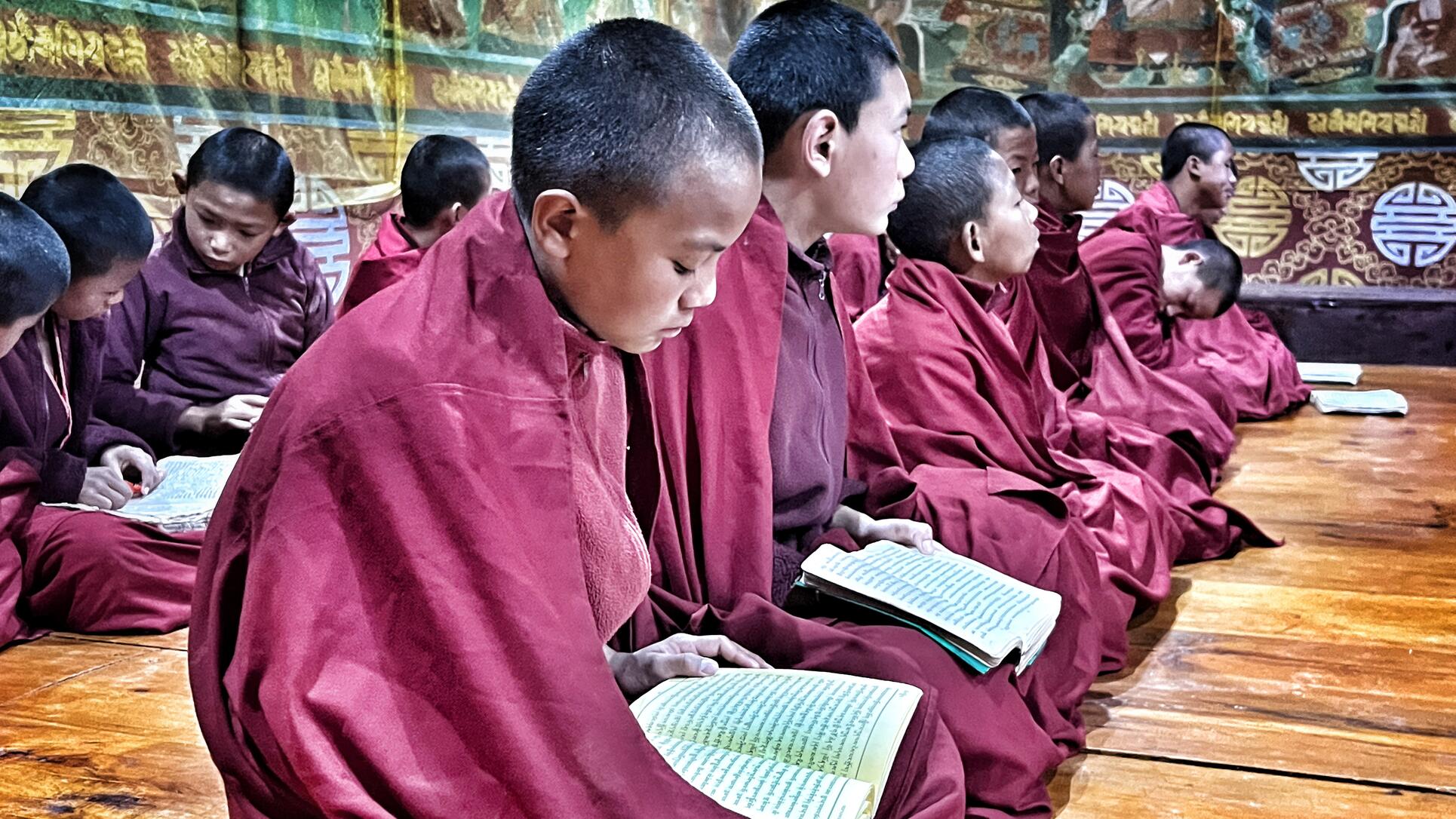 Bhutanese monks combine spiritual and academic discipline, living in austerity, studying Buddhist texts, and maintaining a deep connection with their faith.