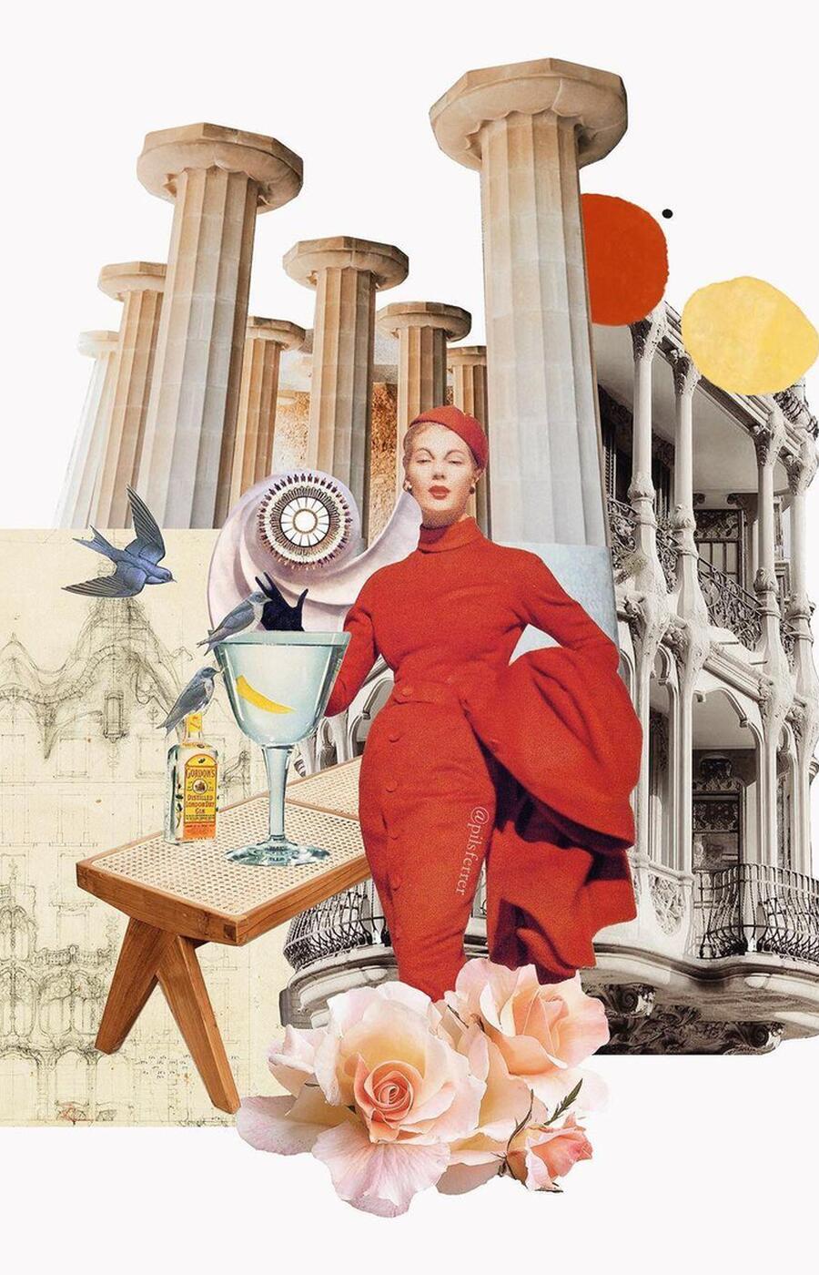 Women, architecture and nature are some of PilsFerrer's sources of inspiration. Collage: "Architecture in Barcelona". pilsferrer illustrator collage